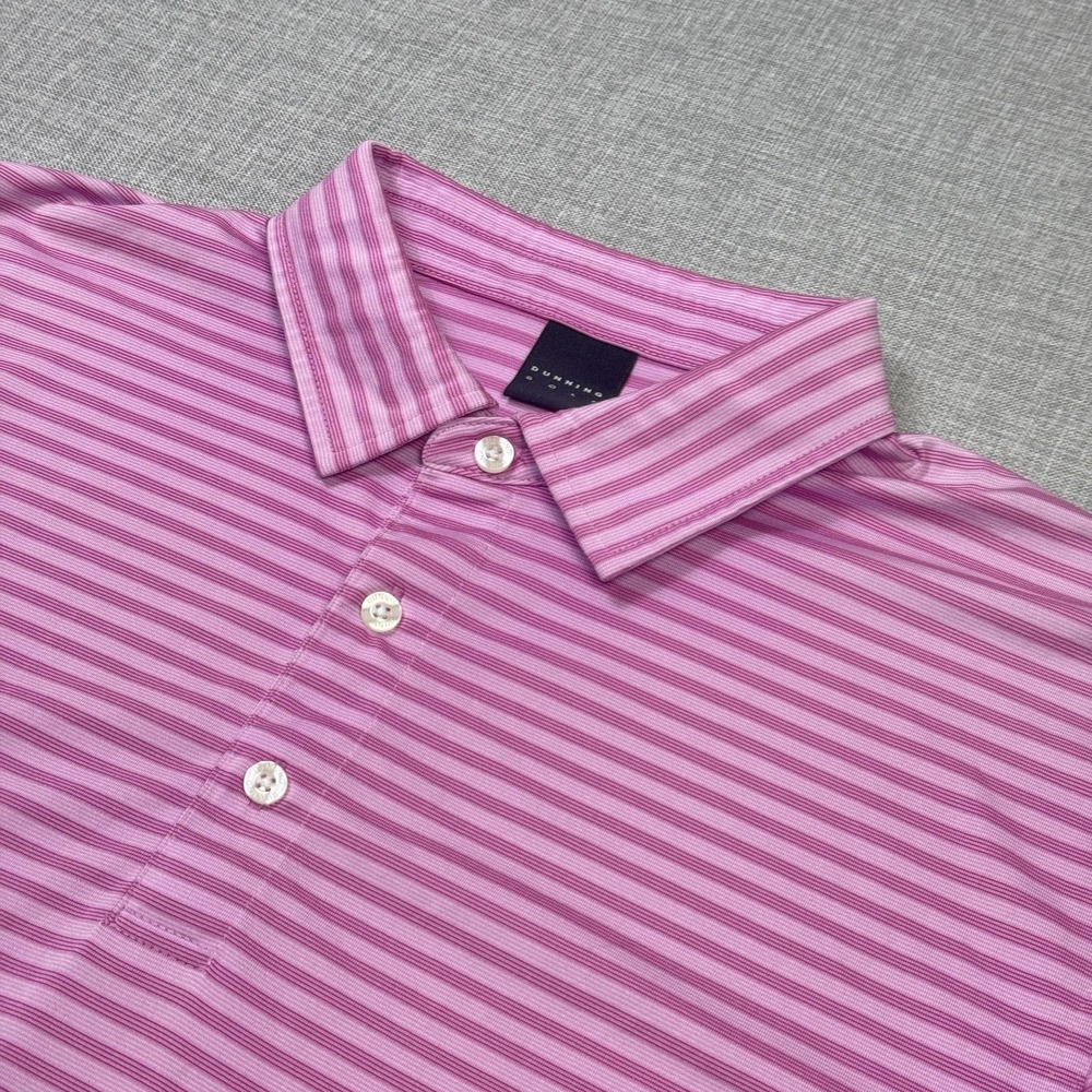 Dunning Golf Polo Shirt Mens XL Pink Striped 100% Polyester Golf Performance